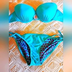 Teal Strapless Bikini With Fun Broch
